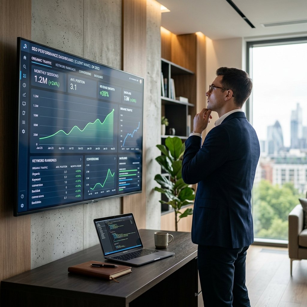 SEO expert reviewing growth charts